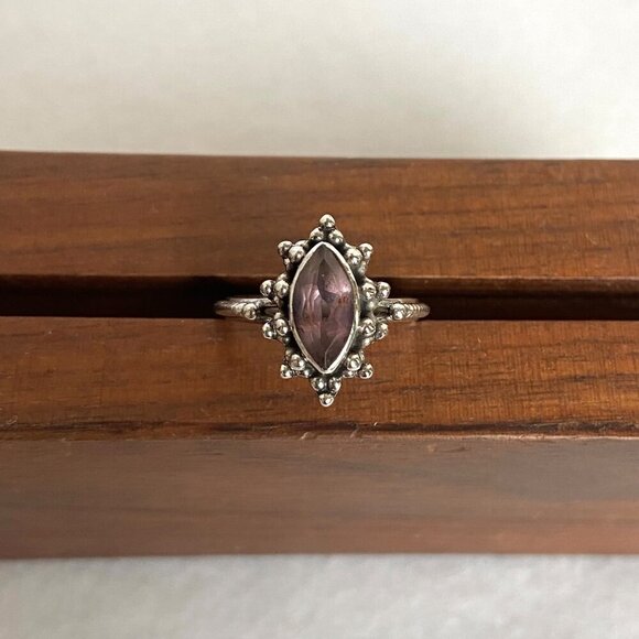 Sterling Silver 925 Bezel Set Marquise Amethyst Solitaire Ring Sz 5 - Picture 6 of 16